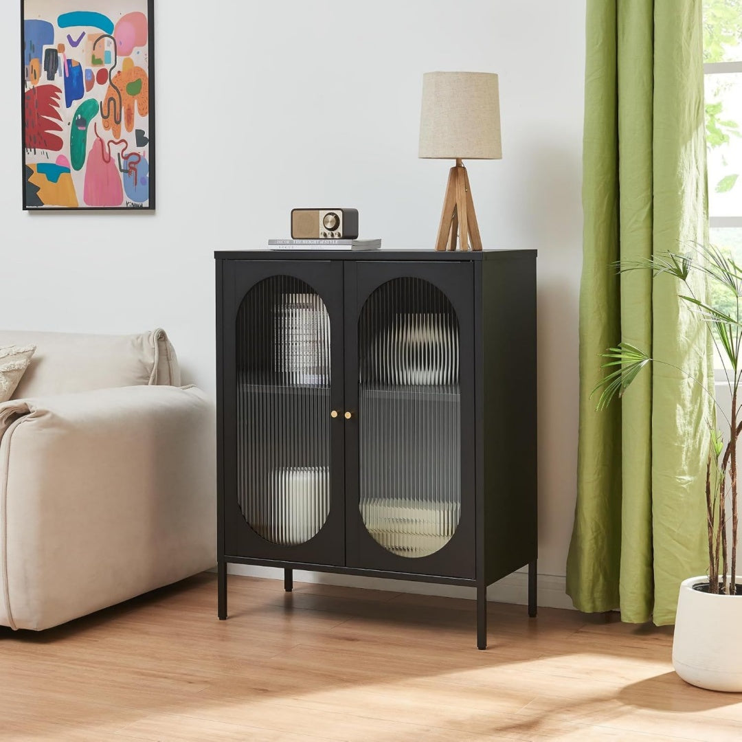 Kommode Sideboard Karlskrona Kuchenschrank Glasturen schwarz